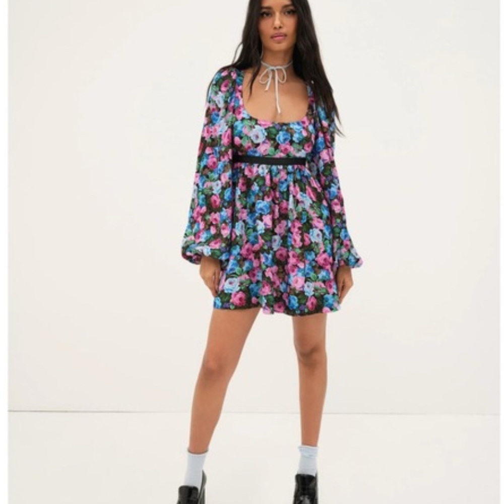 For Love And Lemons Blue and Pink Mini Sundress with Bishop Sleeves